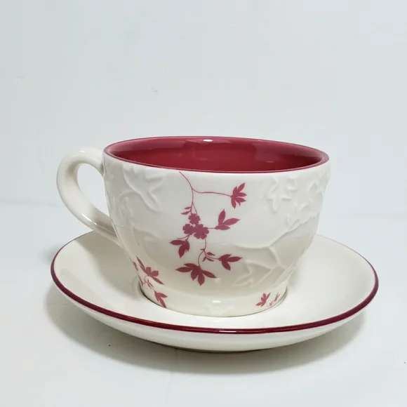 Starbucks 2006 Embossed Leaf Mug Cup and Saucer Pink Cream 9 oz - Picture 4 of 14